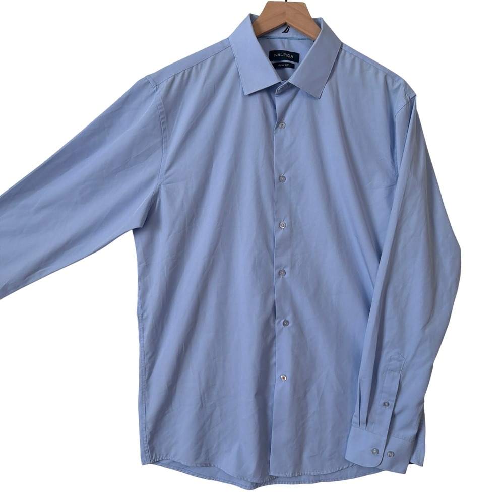 Nautica Dress Shirt Men Large 16-16.5 34/35 Slim Fit Blue Long Sleeve Solid L